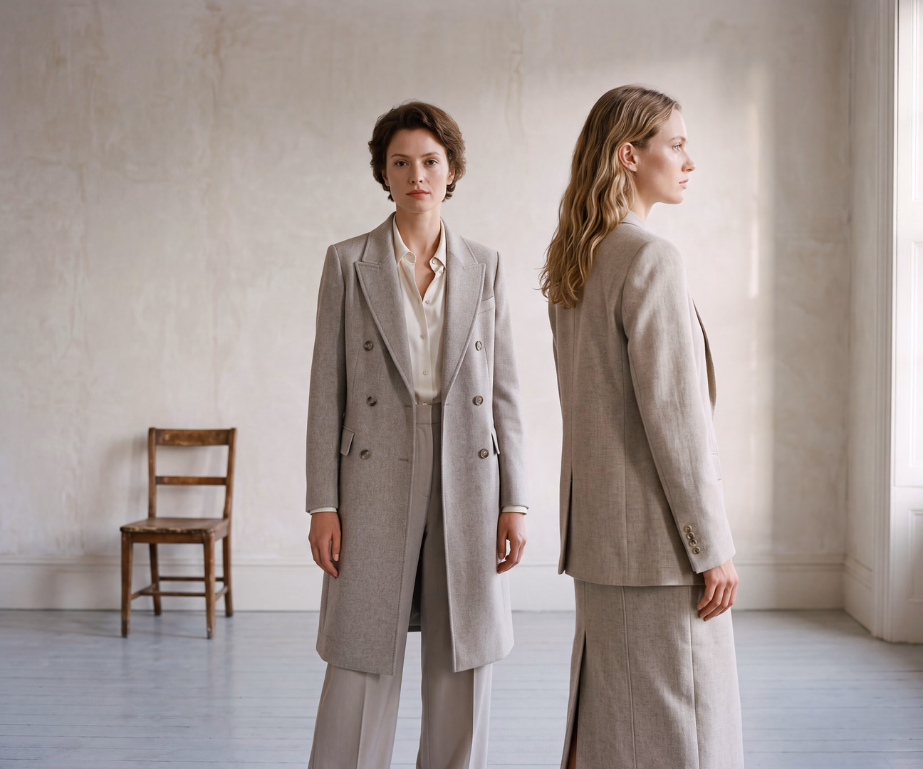 Two models in coats from the same collection, in the same light and look